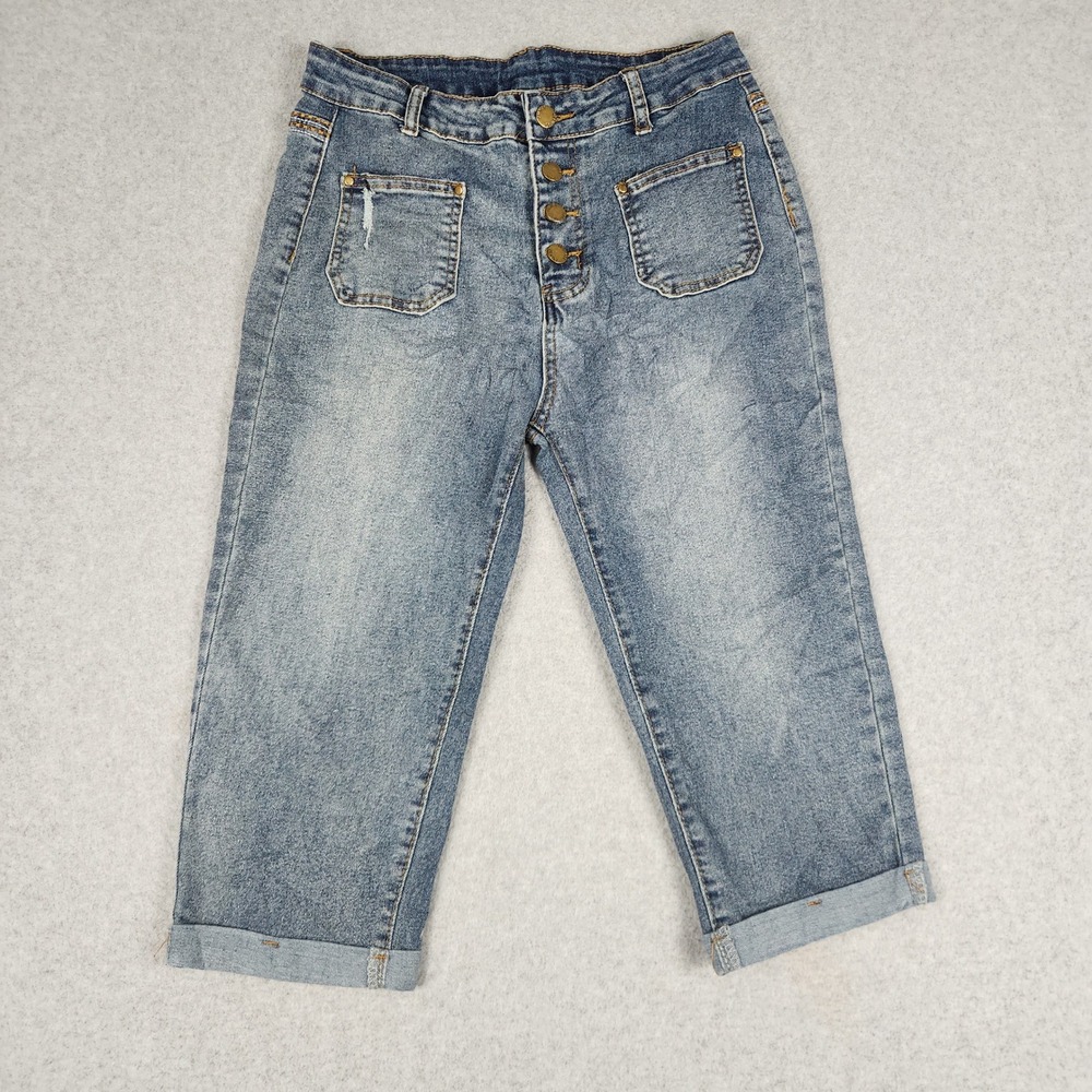 Palmer Heritage Capri Jeans Women Large Blue Daisy Floral Embroidered Button Fly